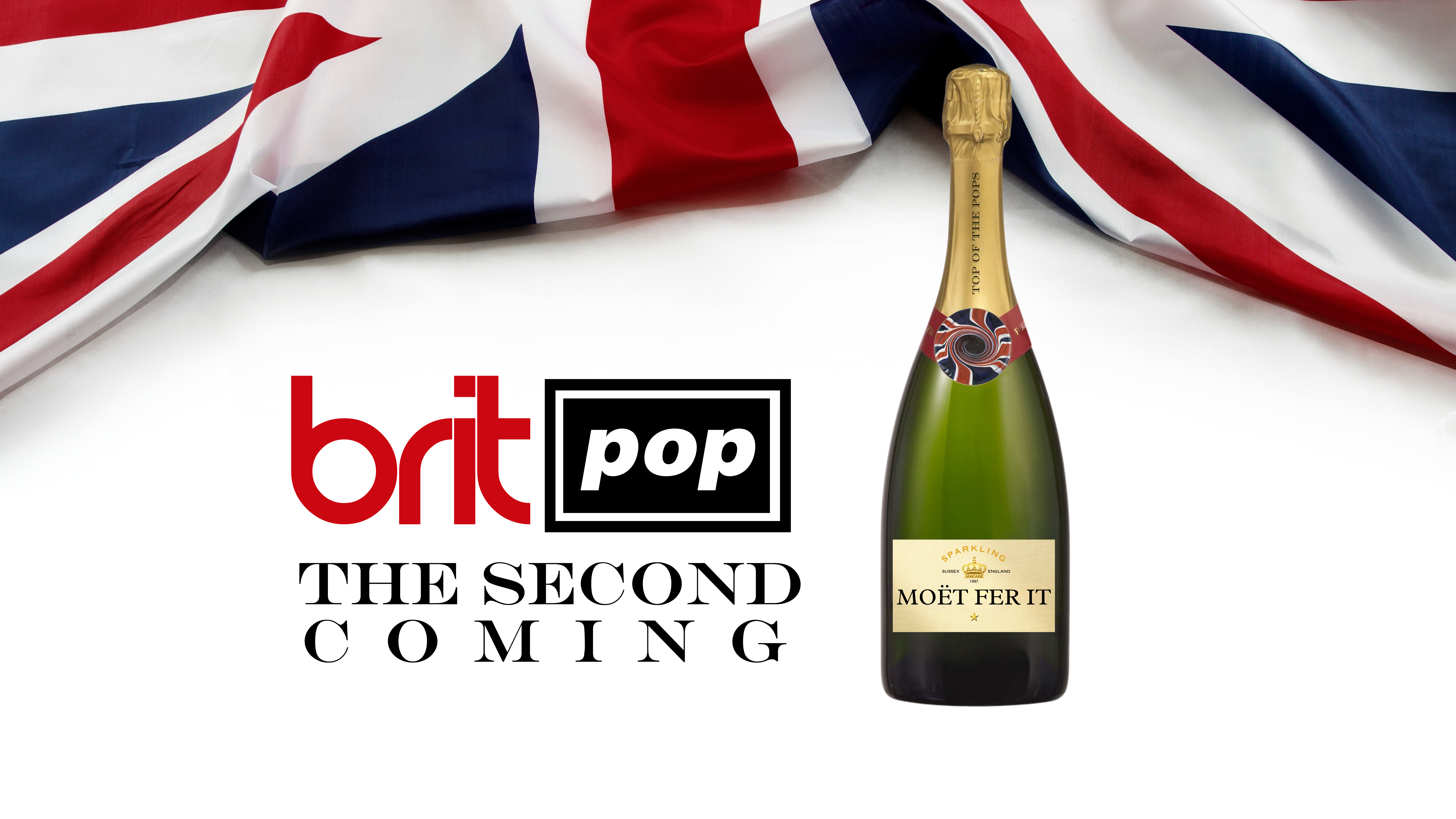 Britpop composition with Blur and Oasis logo lookalikes and a bottle of bubbly